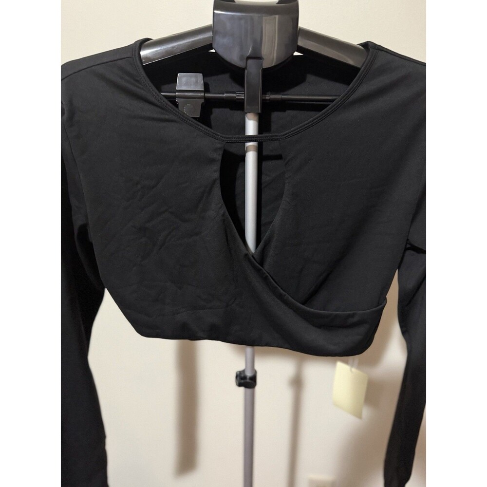 Halara Women’s Black Cropped Cut Out V-Neck Long Sleeve Blouse Size XL